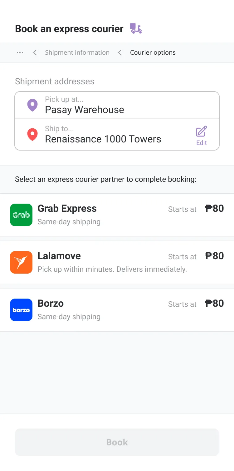 Addresses filled, courier options