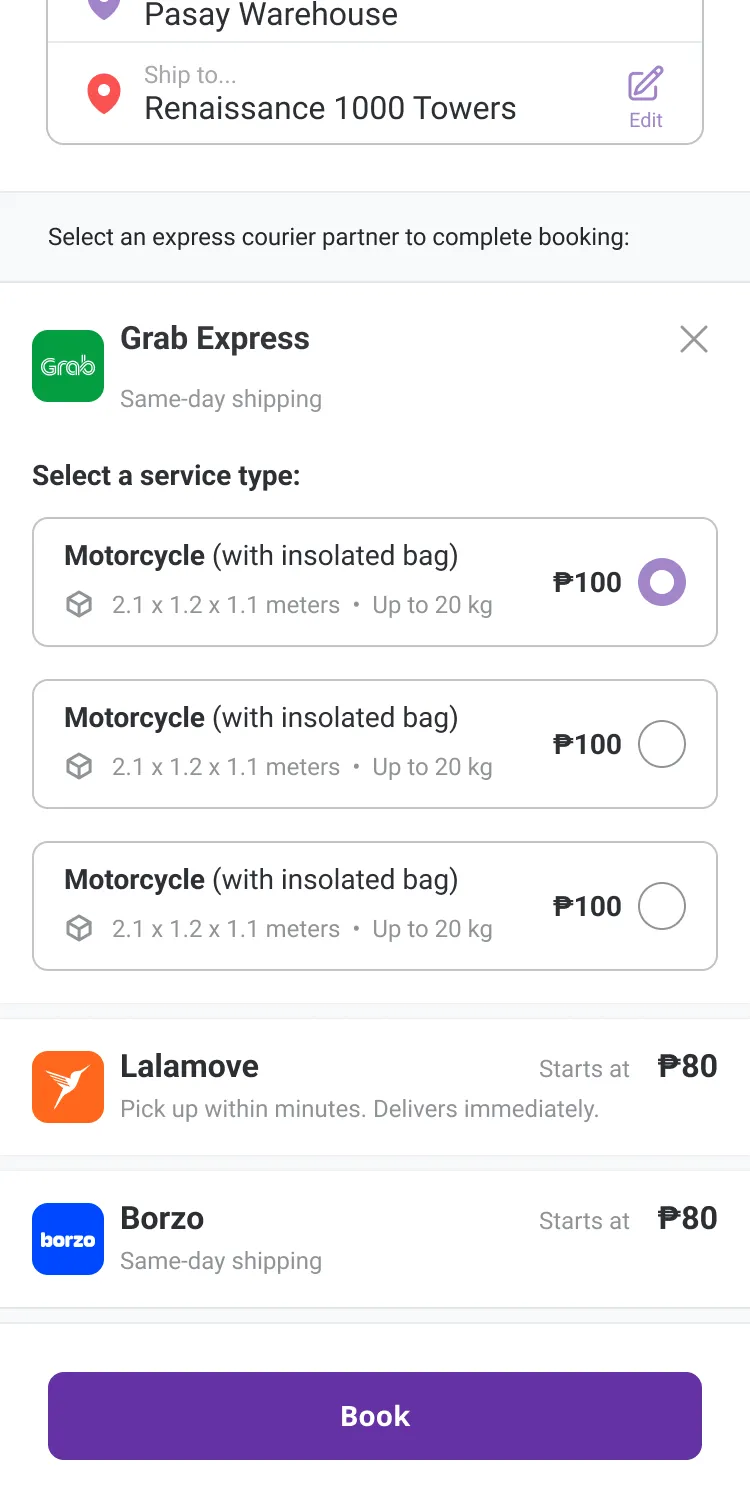 Service type selected, ready to book