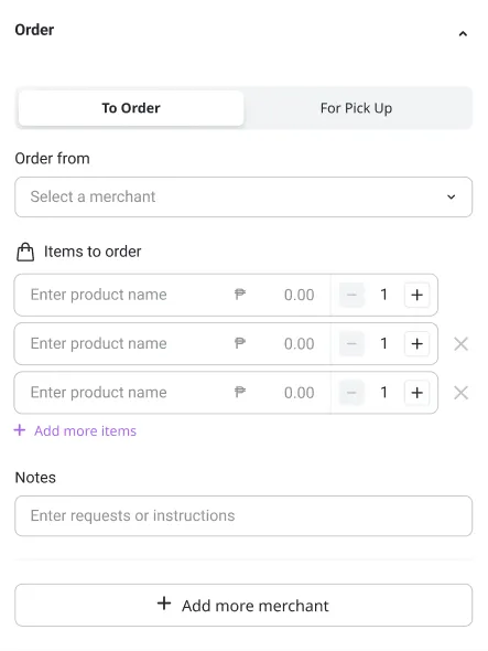 Add order — order section expanded