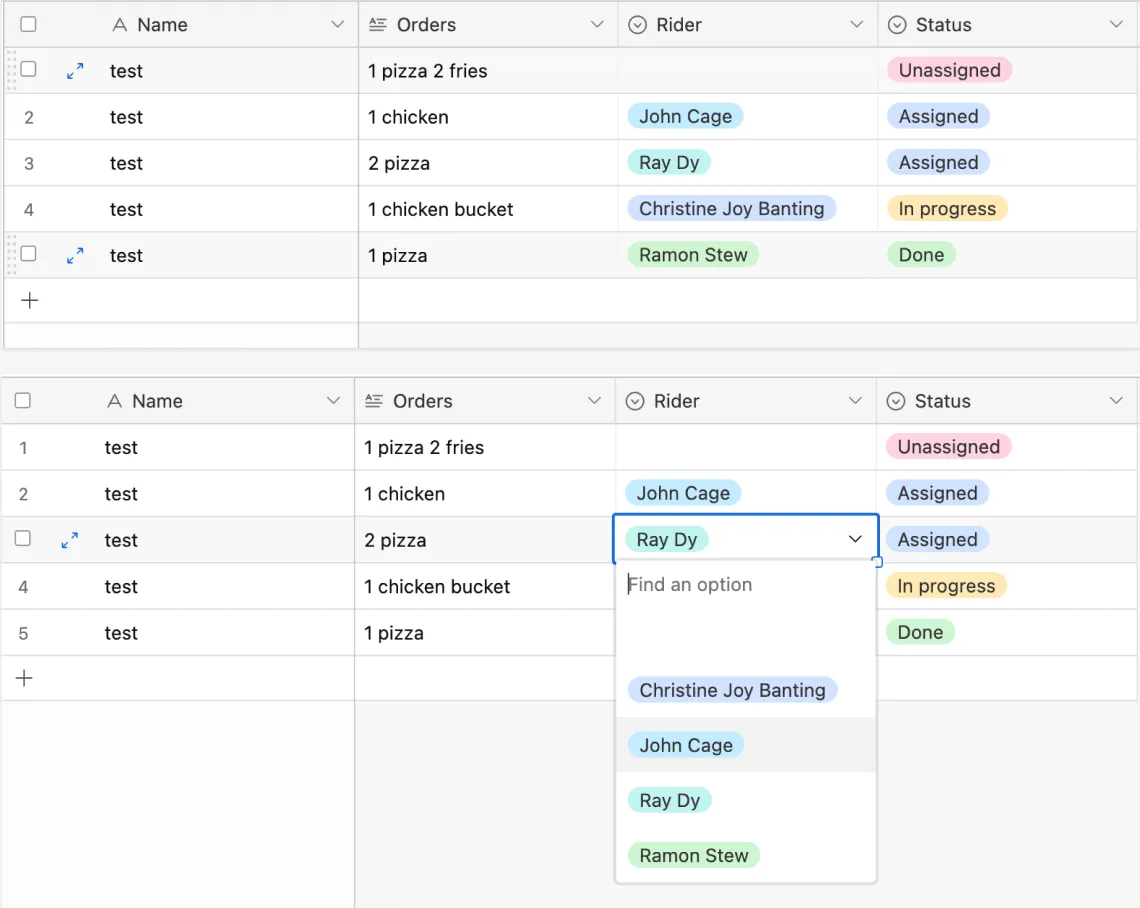 The old workflow — an Airtable base for tracking orders and assigning riders