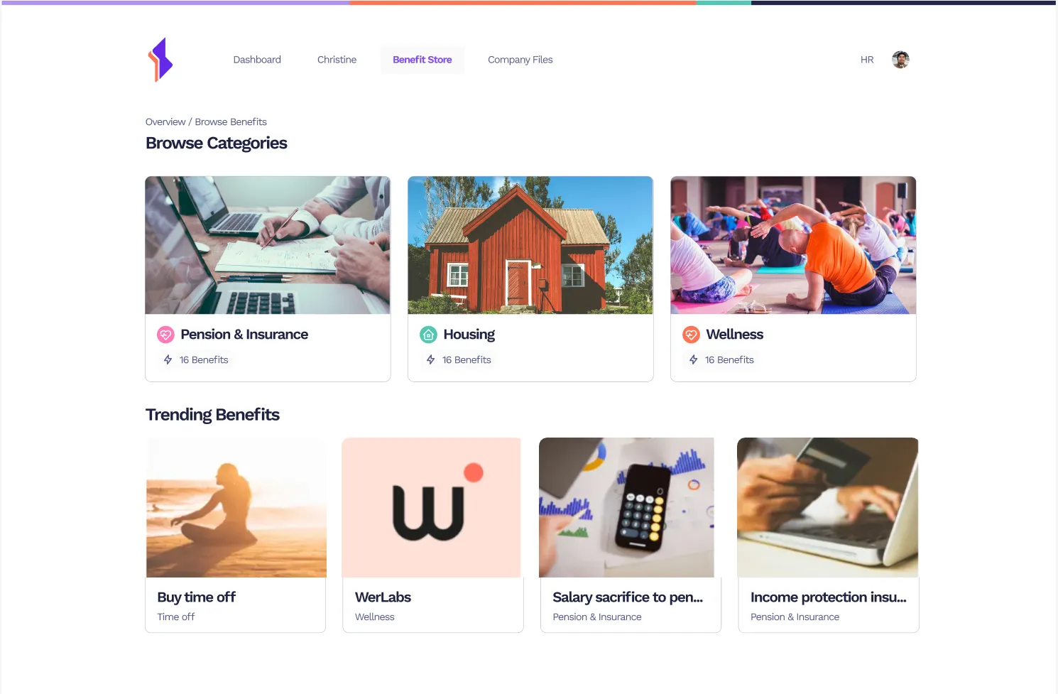 CLVR Benefit Store — browse categories and trending benefits