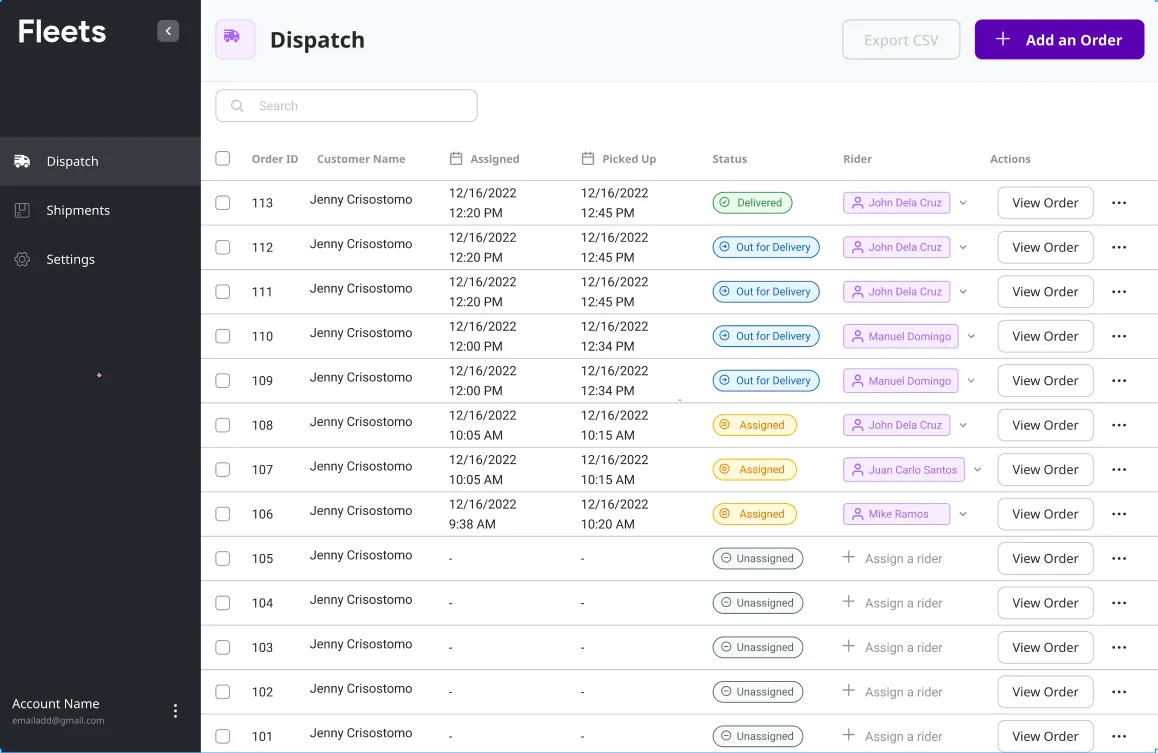 Fleets Manager dispatch dashboard