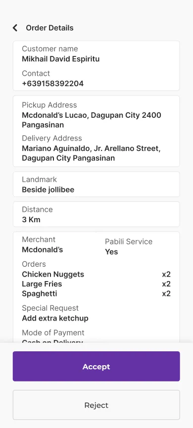 Driver app — order details