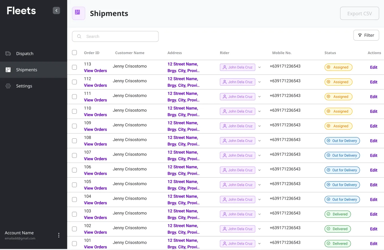 Fleets shipments dashboard