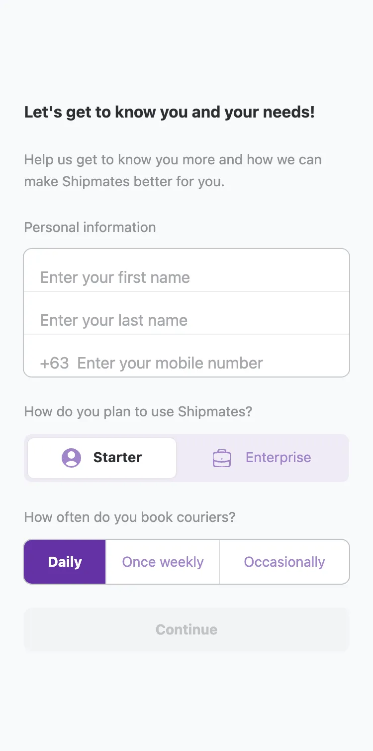 Starter account — quick set-up choosing plan and usage