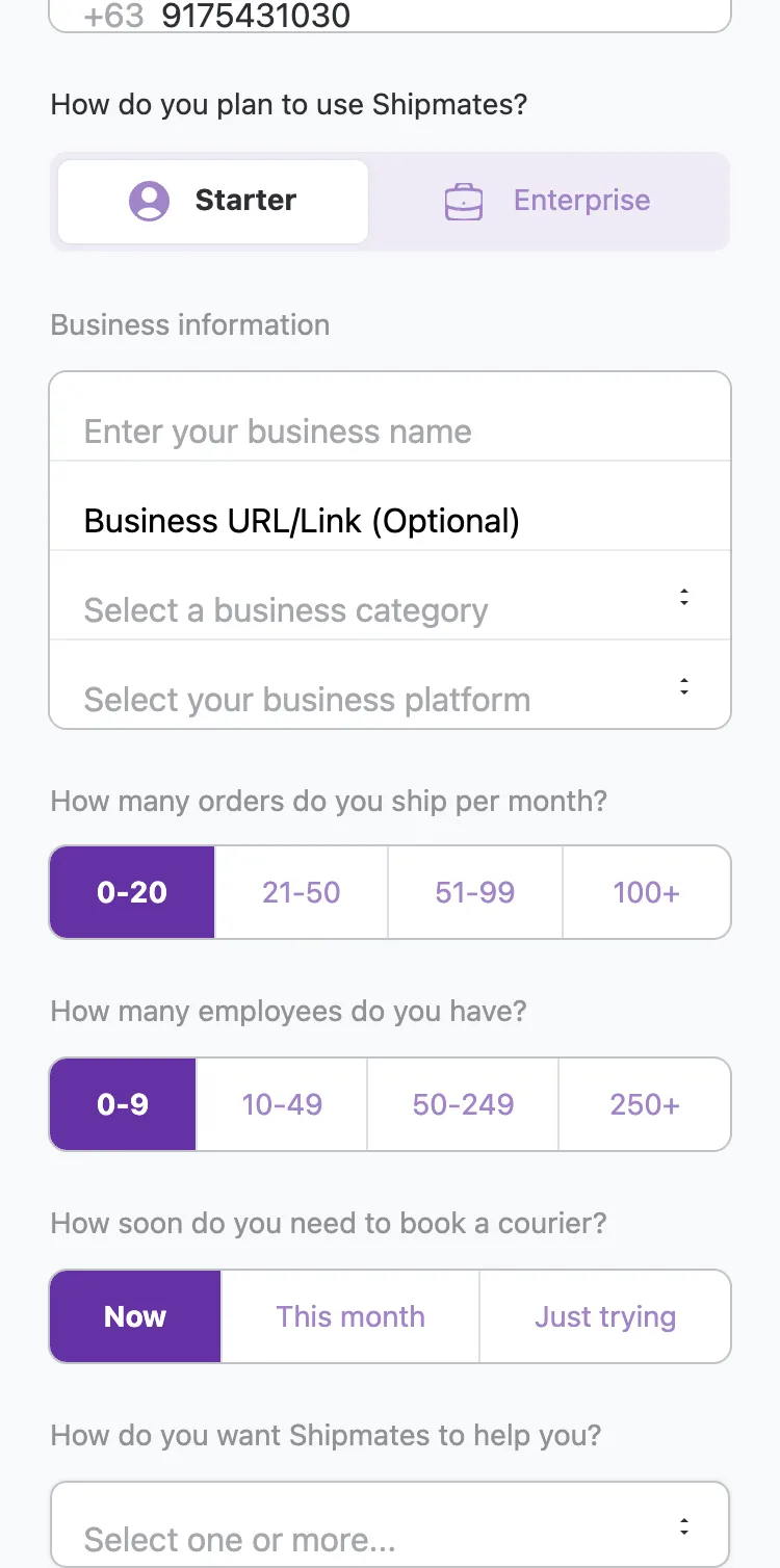 Enterprise account — deeper questions on order volume and team size