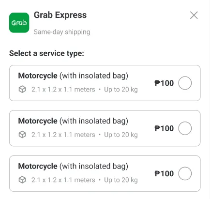 Selecting a Grab Express service type during booking