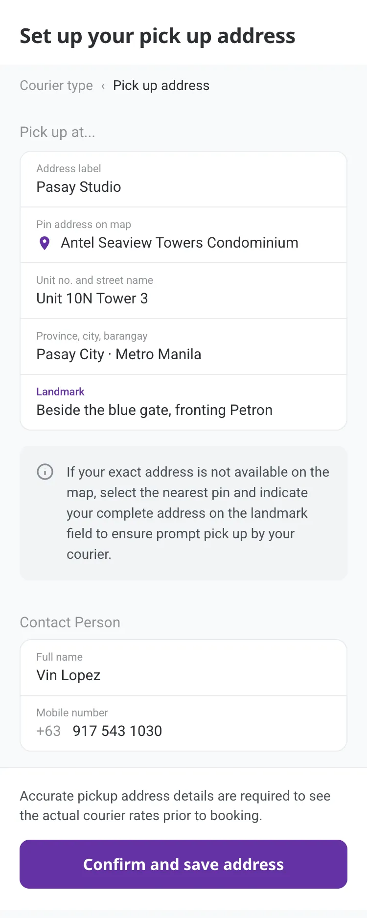 Pick-up address form with a pin-on-map fallback and a landmark field