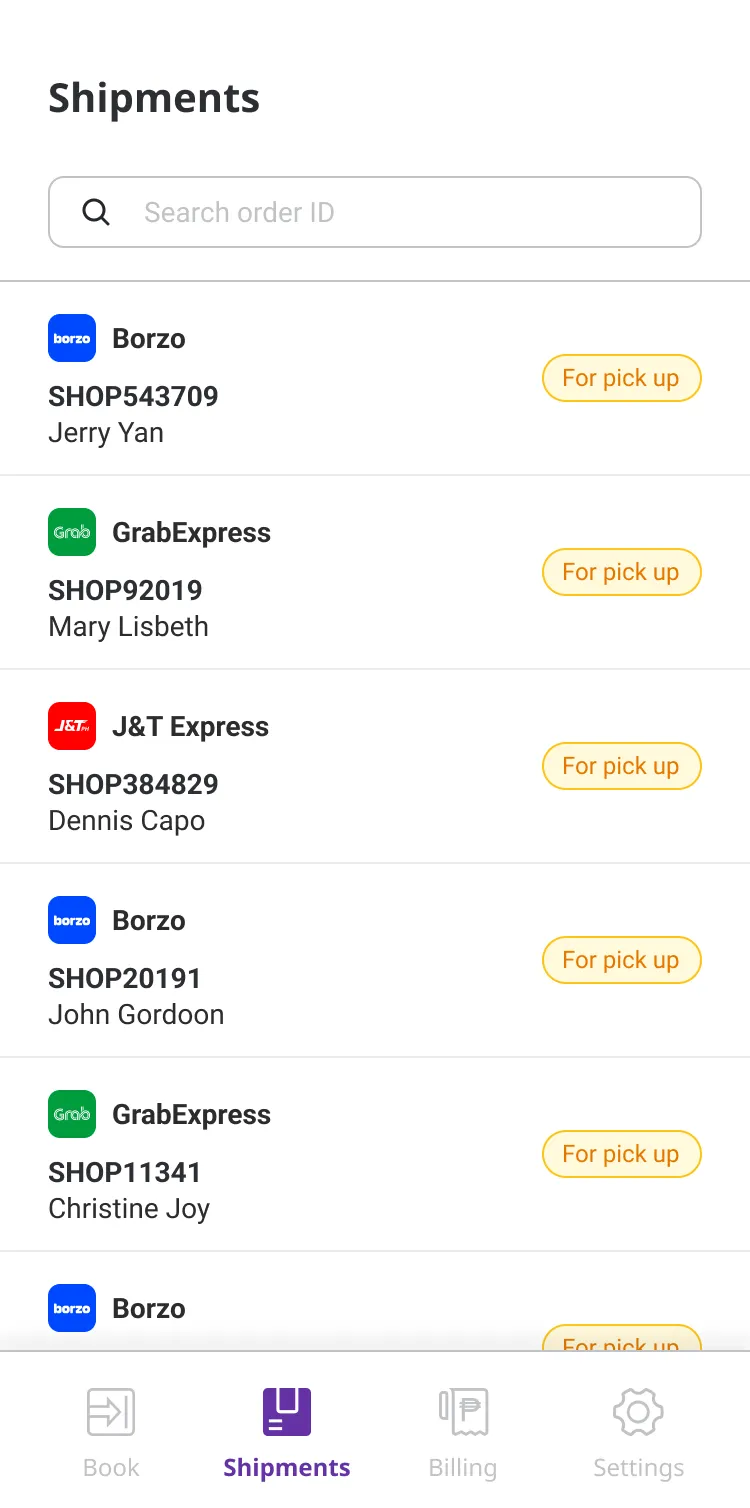 Shipments list with statuses