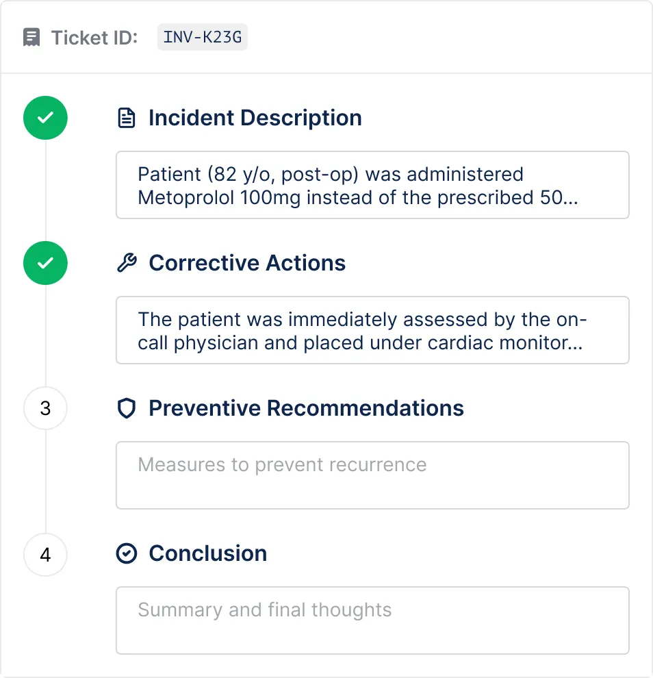 Sevaxa incident report — structured step-by-step ticket with corrective actions and preventive recommendations.