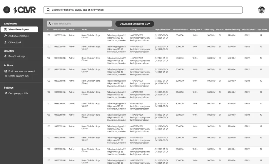 Admin employee management wireframe