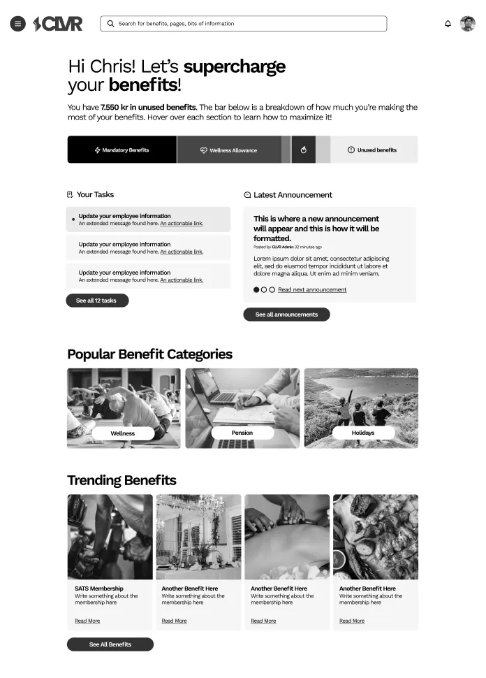 Employee benefits dashboard wireframe