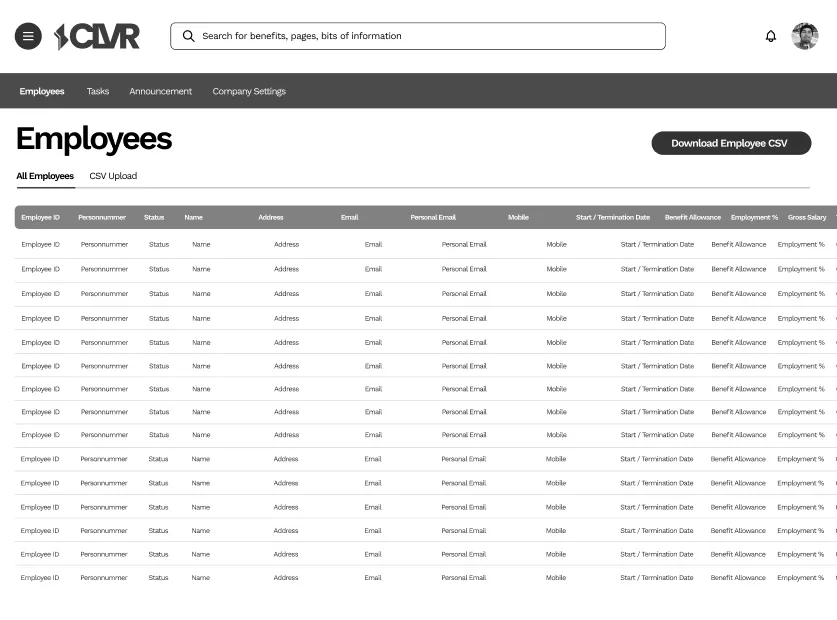 Admin employees table wireframe
